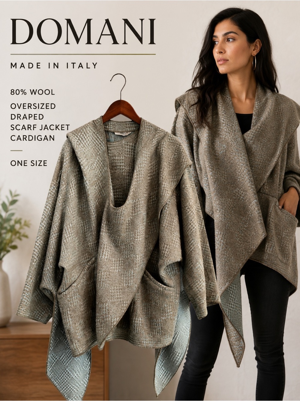 DOMANI Made in Italy 80% Wool Oversized Draped Scarf Jacket Cardigan